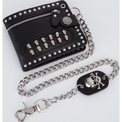 Gothic Punk Style PU Leather Men Wallets Vintage Skull heads Men Zipper Short Purse With Chain Hasp Credit Bank Card Holders