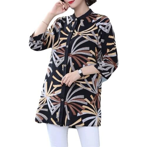 Womens Spring Summer Style Blouses Shirts Womens Printed O-neck Three Quarter Sleeve Vintage Loose Tops SP710