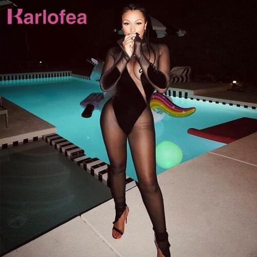 Karlofea Women Sexy See Through Long Sleeve Rompers Winter Velvet Club Party Outfits New Black Mesh Velour Patchwork Jumpsuit