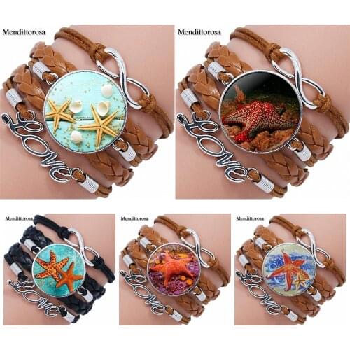 Starfish For Women Luxury Brand Jewelry With Glass Cabochon Multilayer Black/Brown Leather Bracelet Bangle
