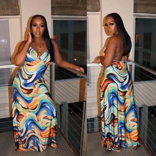 SKMY Sleeveless Maxi Dresses For Women Summer 2021 Sexy Print Spaghetti Strap V-Neck Long Dress Party Clubwear Ladies Clothing