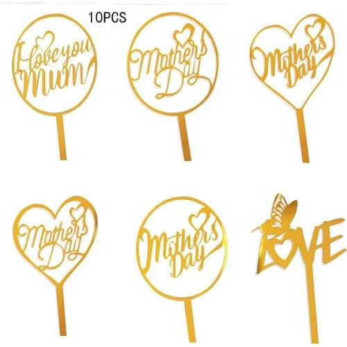 10PCS Mothers Day Acrylic Cake Topper Gold Love You Mum Baking Cake Topper Mom Birthday Party Ccpcake Decoration Supplies New