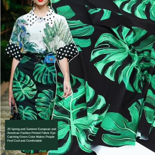 145 * 100CM Spring and Summer Fashion Black Background Green Leaf Turtle Bamboo Printed Stretch Satin Clothing Handmade Fabric