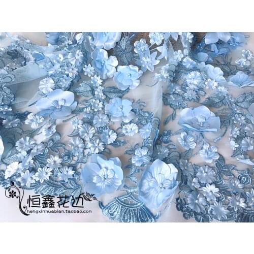 1Y/lot Blue 3D Nail Bead Chiffon Flower Embroidery Lace Sewing Fabric For Wedding Dress Handmade Clothing Skirt