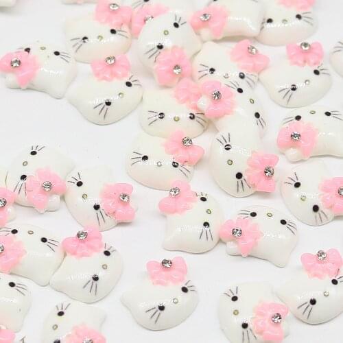 200 pcs Lovely Pink Kitty w/ Rhinestone Bow Kawaii Resin Cabochons 15mm Phone Decor, Hair Clips, Embellishment, DIY SH370