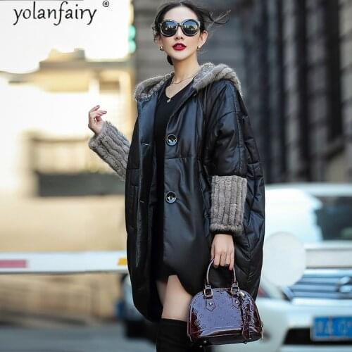 2020 Winter Genuine Leather Jacket Women Mink Fur Collar Hooded Sheepskin Coat Oversized Duck Down Jackets Parkas Cuero Genuino