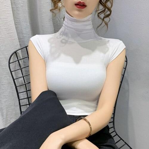 2021 Summer Women Crop Tops Short Sleeveless Tank Tops Female Korean Turtleneck Elastic Crop Corset Office Lady Tees Shirt