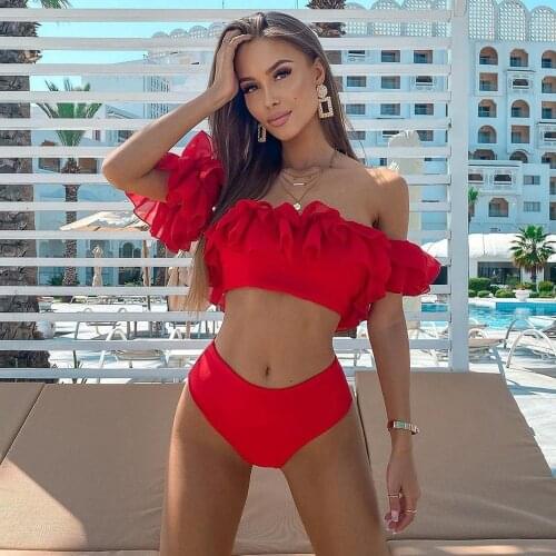 2021 Sexy Double Ruffle Bikinis Women Swimsuit Solid High Waist Swimwear Off The Shoulder Bathing Suit Beachwear Bandeau Biquini