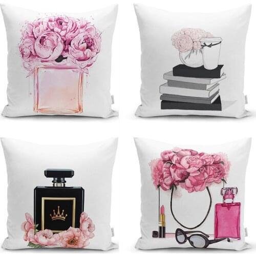 4'Lü Perfume Pattern Kombin Pillow Decorate Case High Quality Stylish Home Garden Room Kitchen Gift Useful Colorful Decorative