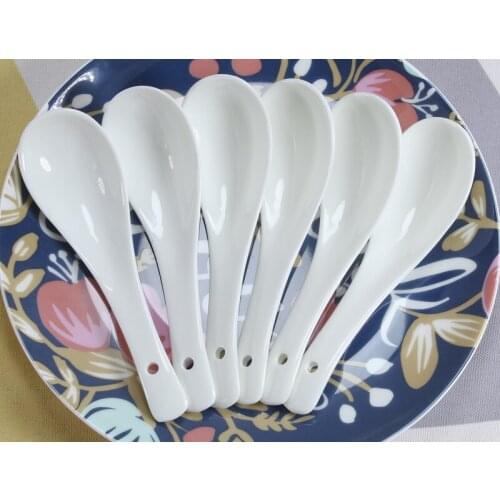 6pcs /set, white bone china soup spoon, ceramic table spoons for soup and rice, chinese rice scoop, ice cream dessert spoon