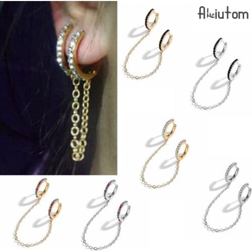 ALIUTOM Gothic Punk Circle Ear Cuff Handcuff Retractable Chain Earring For Women Crystal Rhinestone European Stud Chain Earrings