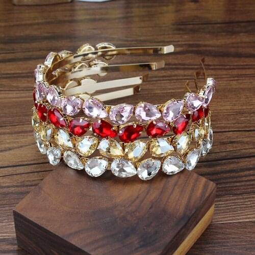 Sparkling Luxurious Red Gold Pink Teardrop Crystal Hairbands Rhinestone Women Headbands For Birthday Party Trendy Hair Jewelry