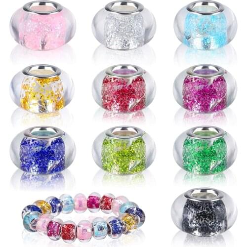 10Pcs Assorted Color Clear Glitter Silver Plated Resin Murano Charm 5MM Large Hole Spacer Beads for Women Bracelet DIY Necklace