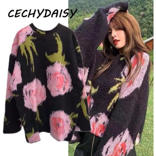 Designer Brand Sweater Pink Flower High Quality Loose Casual Full Sleeve Knitted Pullover Jumper Top Autumn Winter Clothes Femme