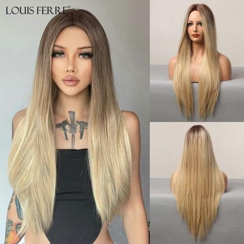 LOUIS FERRE Long Straight Ombre Brown to Blonde Synthetic Wigs Middle Part Heat Resistant Natural Daily/Cosplay Wigs for Women