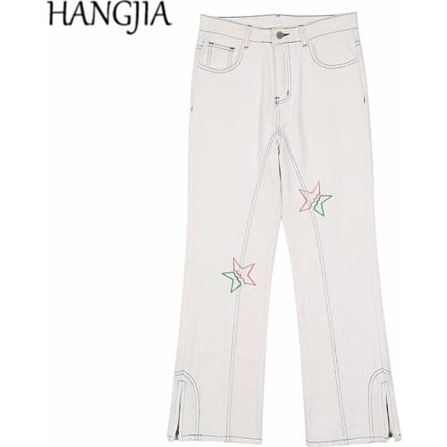 Black White Streetwear Retro Sewing Line Slit Flared Jeans for Men Women Hip Hop Embroidery Zip Up Slim Fit Flare Denim Trousers