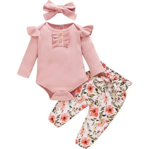 3Pcs Baby Infant Girls Sets Long Sleeve O Neck Ruffle Ribbed Romper Floral Print Bow Knot Headband Toddler Autumn Outfits 3-24M