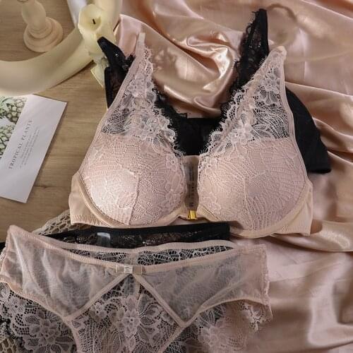 Thin soft steel ring comfortable breathable lingerie briefs beautiful back lace edge sexy deep V gathered up underwear bra sets