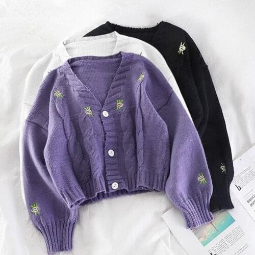 Korean V Neck Lantern Long Sleeve Knitted Cardigans Female Embroidery Solid Single Breast Short Sweater Coat Autumn New