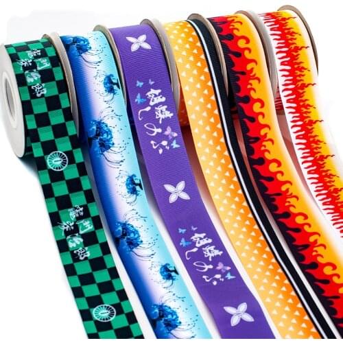 New Japan Anime Kimetsu No Yaiba Pattern Printed Grosgrain/Satin Ribbon 5 Yards 25mm/38mm/50mm/75mmFor Hair Bows DIY Accessories