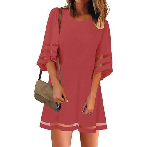 Fashion Summer Women Round Neck Mesh Sleeves Solid Color Loose A-Line Skirt Short Dress