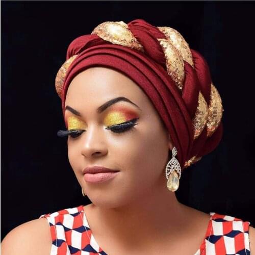 2021 Fashion African Auto Gele Headtie Sequins Braids Womens Turban Cap Muslim Headscarf Bonnet Ready to Wear Hijab Wedding Hat