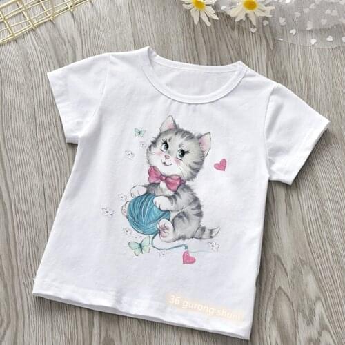 Newly kids tshirt cute butterfly cat cartoon print girls t-shirt fashion casual animal graphic boys t shirt white tops wholesale