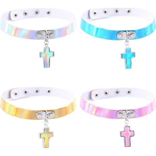 New PU Leather choker necklace gift for women Holographic Choker Heart Metal Laser Collar Chocker fashion jewelry