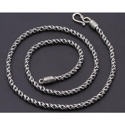 Fashion S925 Sterling Silver Retro Thai Silver Vintage Style Custom Made Jewelry Twisted Rope Necklace Classic Men And Women