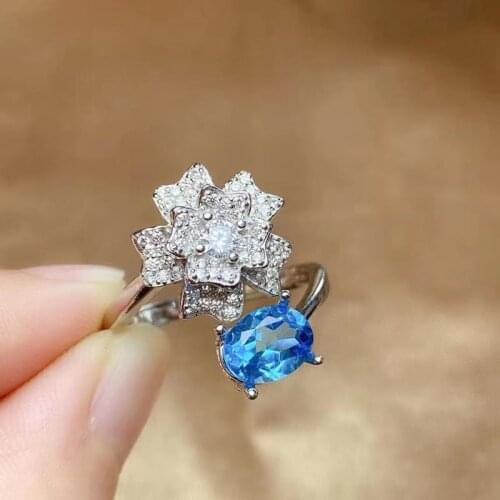 Fine Jewelry Natural Blue Topaz 925 Sterling Silver Elegant New Women Gemstone Ring Support Test Hot Selling