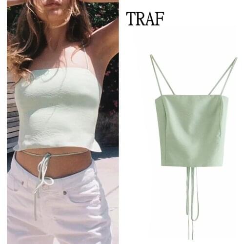 TRAF Za 2021 Sexy Top Women Summer Crop Top Woman Fashion Backless Bandage Tank Tops Female Sexy Blouse Ladies Clothing