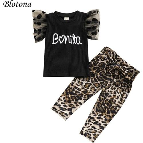 Blotona Kids Baby Polka Dots Mesh Fly Sleeve T-shirt+Leopard Trousers, Letter Love Print Tops Summer Clothing Set 6Months-4Years