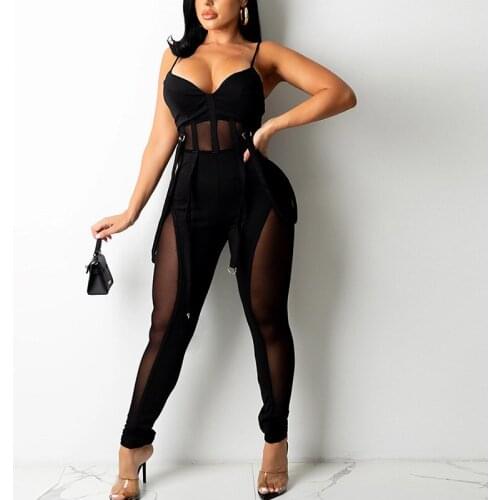 Spaghetti Strap Mesh Insert Slim Jumpsuit Sexy Party Club Overalls