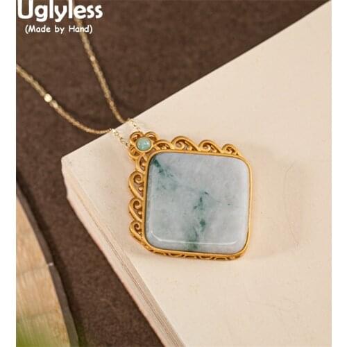Uglyless Big Size Square Jade Emerald Pendants for Women Luxury Natural Gemstones Necklaces No Chains High End 925 Silver Jewel