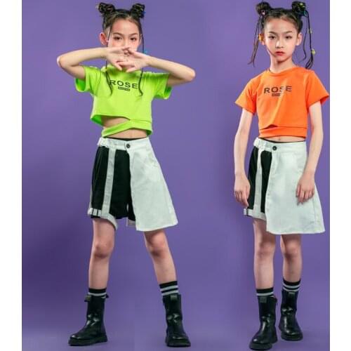 Hip Hop Girl Clothes Orange Green Crop Top T Shirt Black White Summer Skirt Shorts Kids Jazz Dance Costume Clothing Streetwear