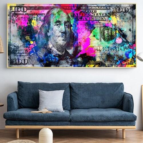 Inspirational Art Canvas Painting 100 Dollar Bill Money Posters and Prints Graffiti Wall Art Picture for Office Home Decor