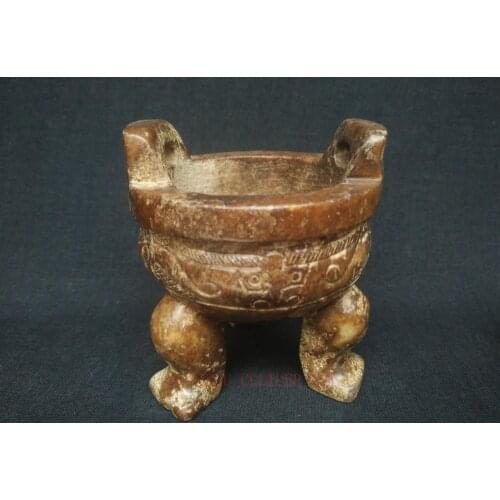 YIZHU CULTUER ART Unique Collection China Jade Old Hand Carving Dragon Tiger Face Incense Burner