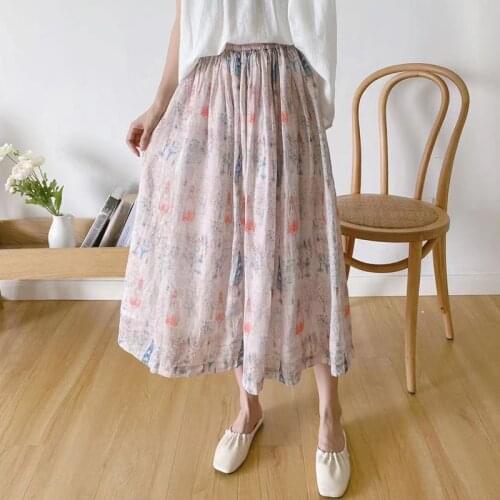 Johnature 2021 Summer New Vintage Ramie Print Women Loose Skirts Mori Elastic Waist All Match Skirts