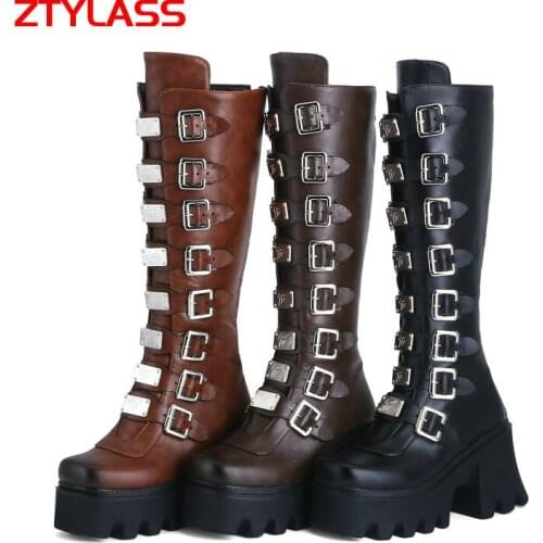 2021 Women Knee High Boots Square High Heel Platform Motorcycle Boots Ladies Zipper Square Toe Autumn Winter Boots Plus Size 43