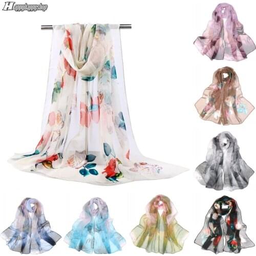 Fashion Spring Summer Women Floral Printing Beach Gauze Scarf Shawls Female Muslim Head Wraps Hijab Bandanas Islamic headwear