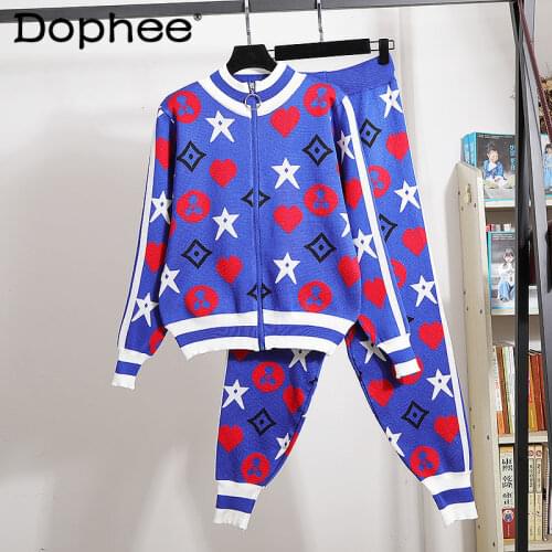 2021 Autumn Women Tracksuit Jacquard Loose-Fitting Long-Sleeved Zipper Knit Cardigan Sweater+Skinny Pants Knitted Two-Piece Sets