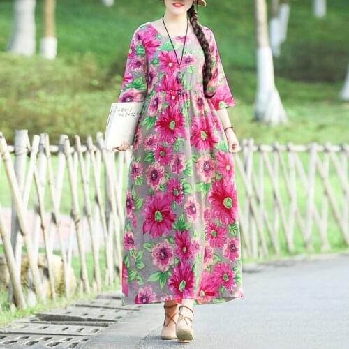 Ethnic Floral Print Long Dress Women 3/4 Sleeve Tunic Slim High waist O neck Elegant Dresses Ladies Loose Pink