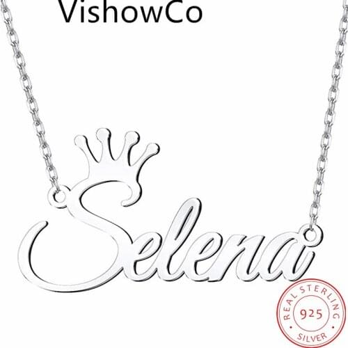 VishowCo Custom Name Necklace Personalized 925 Sterling Silver Name Gold Choker Necklace Crown Pendant Nameplate For Women Gift