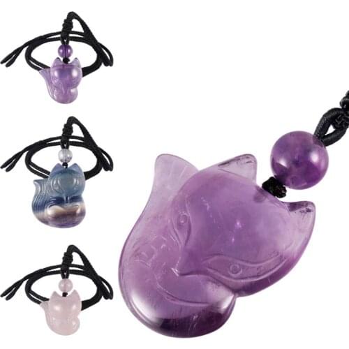 TUMBEELLUWA Natural Crystal Quartz Hand-Carved Fox Drop Pendant Necklace,Amulet Energy Stone Nylon Cord Fashion Womens Jewelry