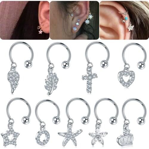 1PC Steel DIY 9Styles CZ Gem Pendant Dangle Hoop Cartilage Earring Helix Tragus Rook Lobe Ear Piercing Fashion Women Jewelry 20G