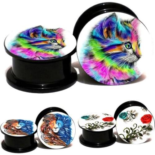 2 Pieces Cute Cat Rose Flower Acrylic Ear Plugs Ear Expander Flesh Tunnel Earring Flowers Ear Plug Piercing Jewelry