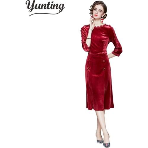 2021 Autumn Wine Red Velvet Dress Women Vintage French Elegant Dress Woman Fashion Ladies Dresses