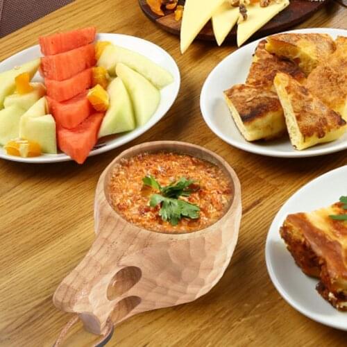 Hand-made Kuksa Wooden MugRubber Wood Drinking Cup For Coffee Tea, Milk With Lanyard Hiking Camping Survival Tea Cup Mug