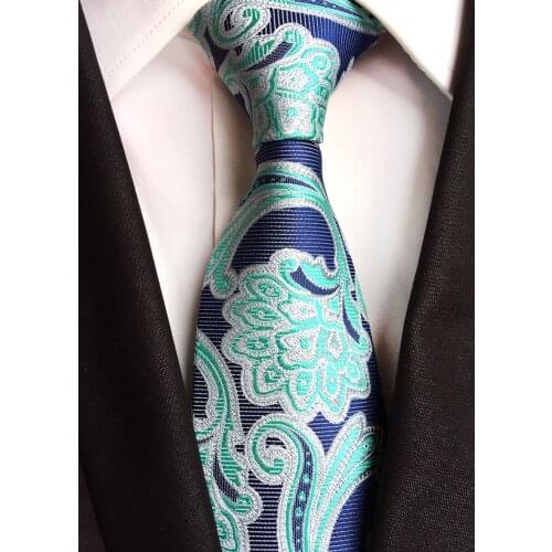 8cm Designer Mens Woven Tie Luxury Silk Necktie Blue with Mint Green Paisley Pattern