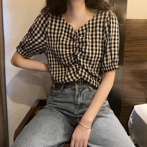 Women Blouse Shirt V-neck Lantern Sleeve Plaid 2021 Summer Short-Sleeved Top for Women Blusas Ropa De Mujer